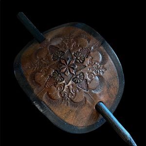 Vintage Handmade Artisan Wooden & Leather Hair Accessory